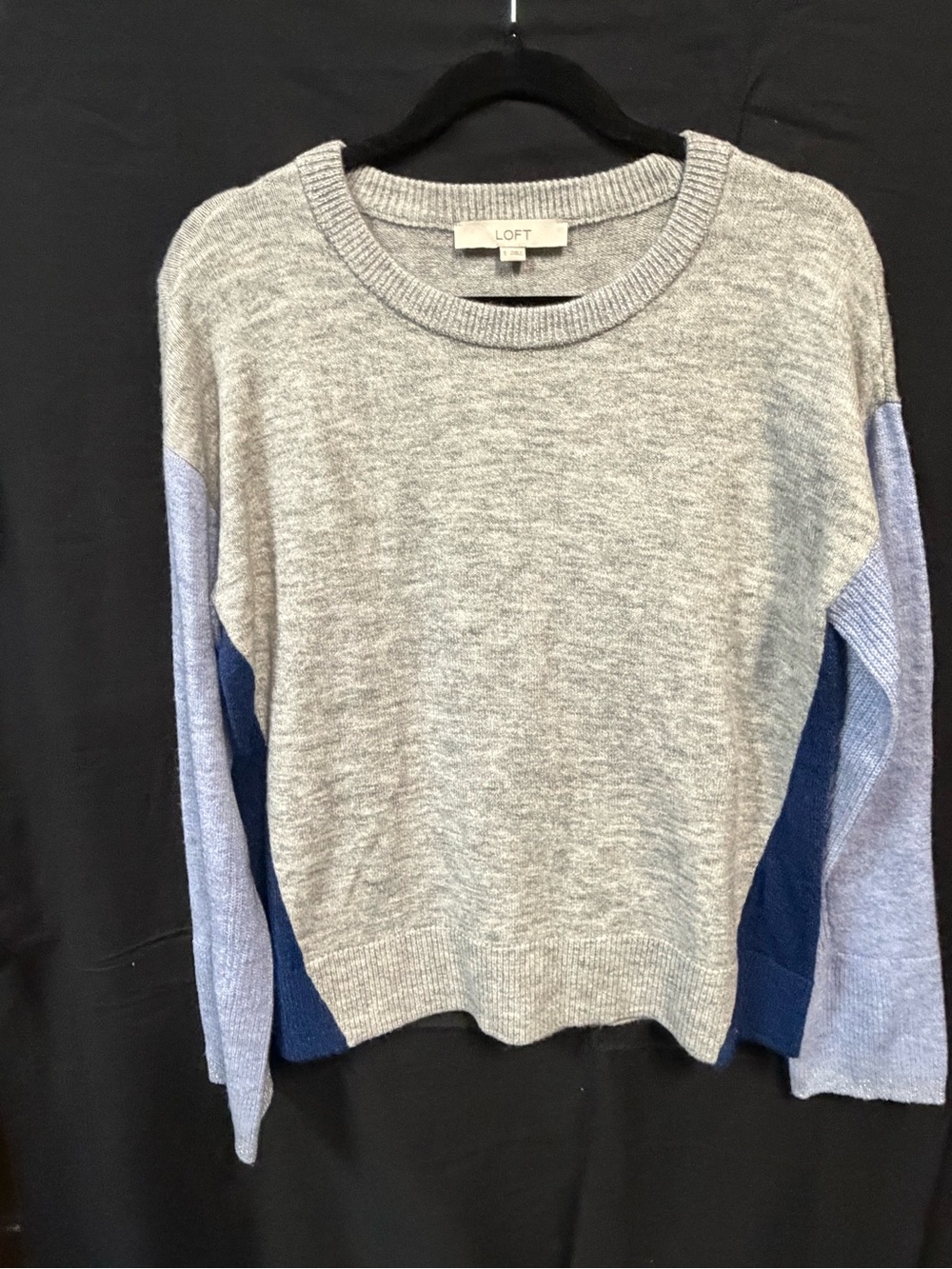 LOFT Grey Crewneck Sweater with Light and Dark Blue Colorblock Sleeves